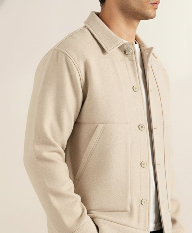 Premium Textured Utility Overshirt Jacket – Classic Beige