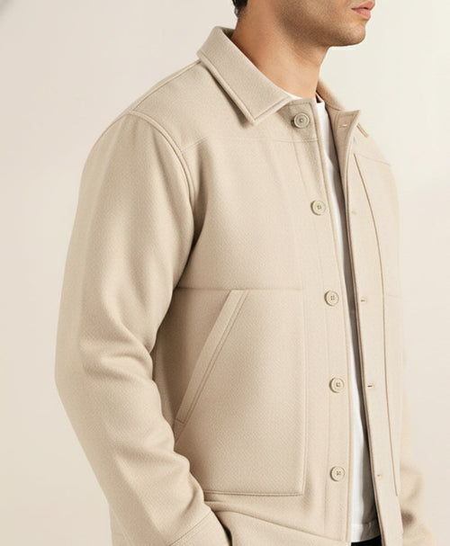 Premium Textured Utility Overshirt Jacket – Classic Beige
