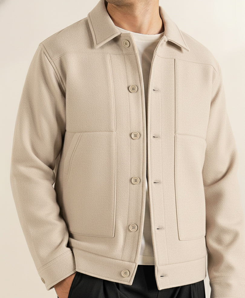 Premium Textured Utility Overshirt Jacket – Classic Beige