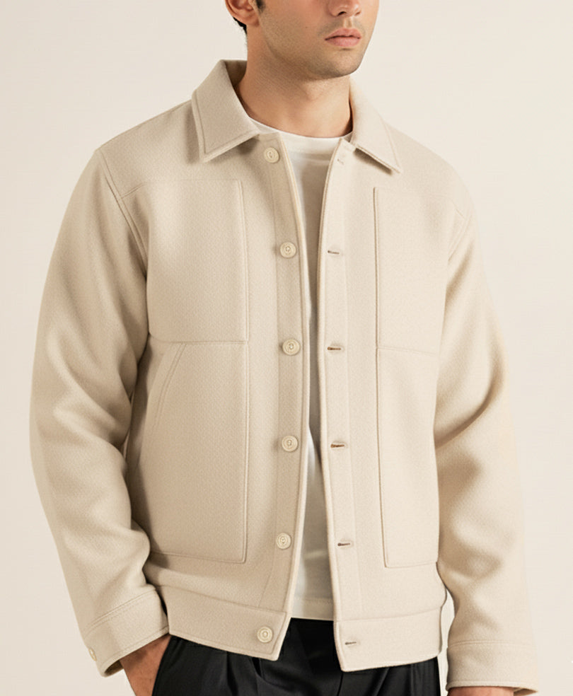 Premium Textured Utility Overshirt Jacket – Classic Beige