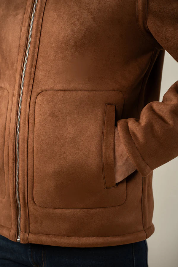 Denz Premium Suede Shearling Jacket for Men – Cognac Brown Winter Jacket