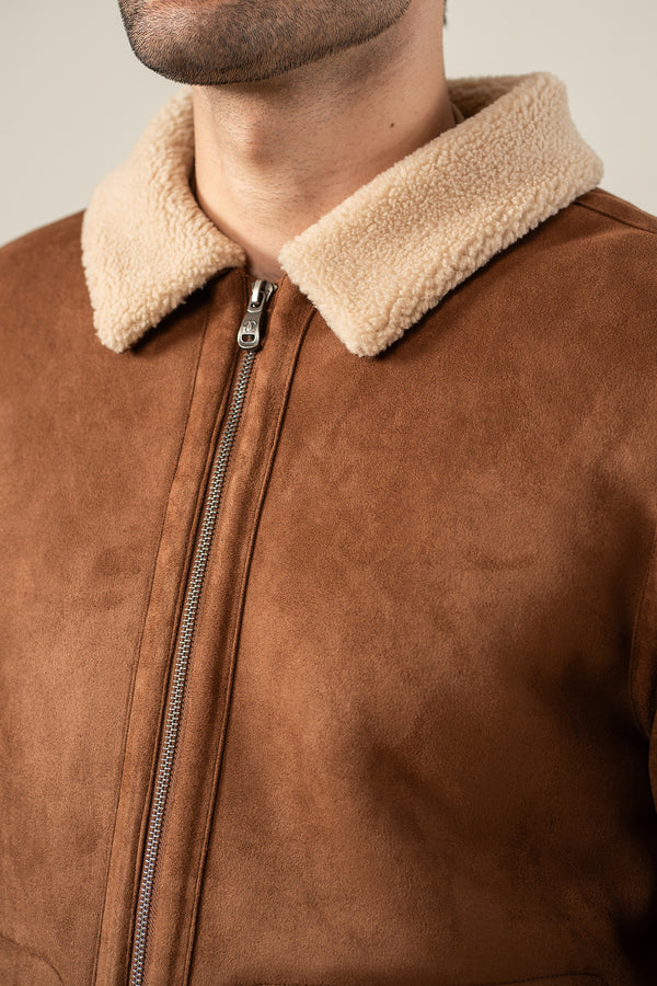 Denz Premium Suede Shearling Jacket for Men – Cognac Brown Winter Jacket