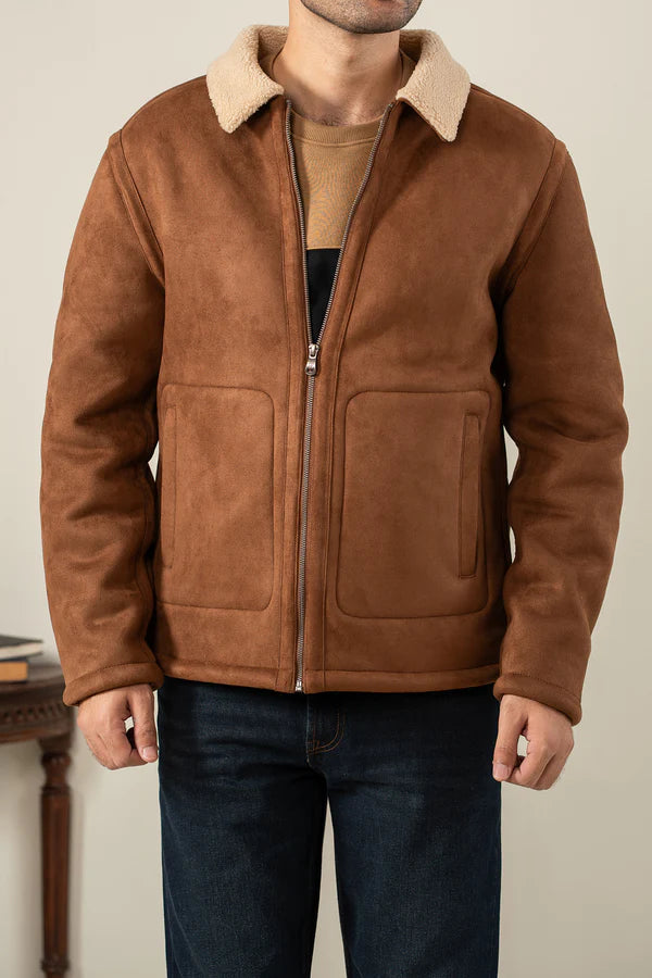 Denz Premium Suede Shearling Jacket for Men – Cognac Brown Winter Jacket
