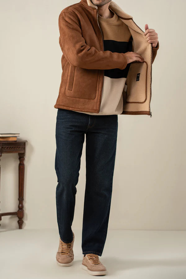 Denz Premium Suede Shearling Jacket for Men – Cognac Brown Winter Jacket