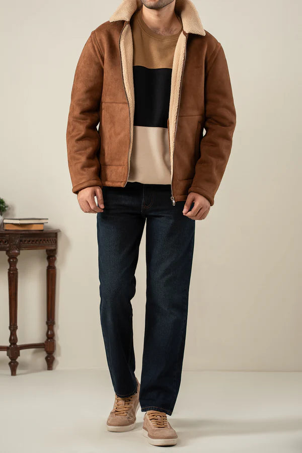Denz Premium Suede Shearling Jacket for Men – Cognac Brown Winter Jacket
