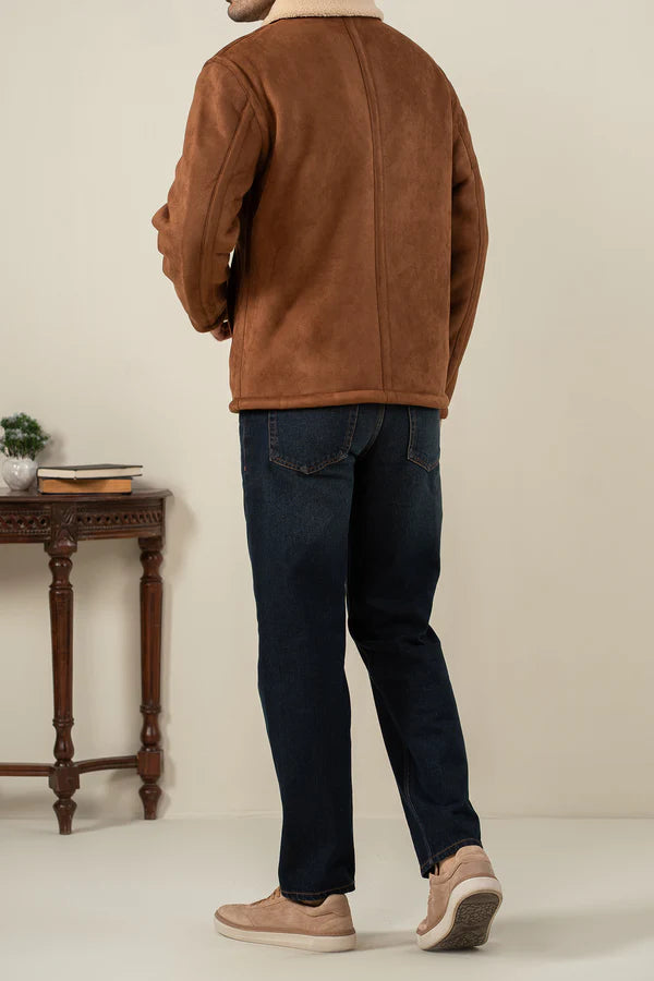 Denz Premium Suede Shearling Jacket for Men – Cognac Brown Winter Jacket