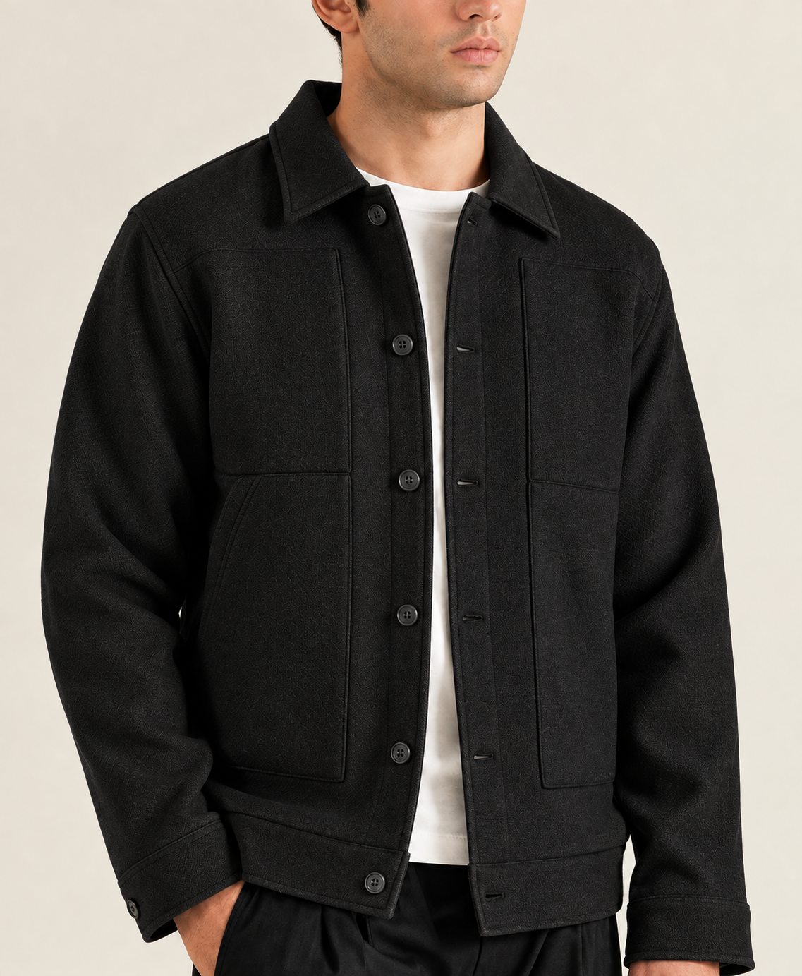 Premium Textured Utility Overshirt Jacket – Classic Beige